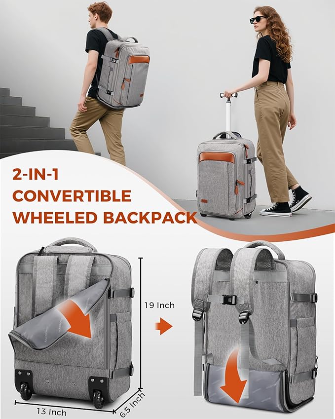 Vancropak Expandable Travel Rolling Backpack with Wheels, Airline Approved Wheeled Backpack with 3 Packing Cubes, 17 Inch Roller Carry on Luggage Suitcase Laptop Bag for Men Women, Grey