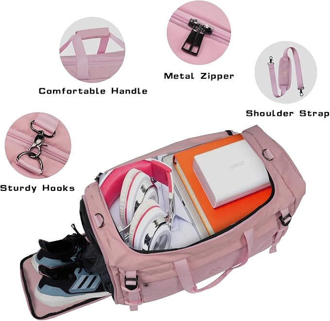 Large Sports Gym Bag, Travel Duffel bag with Wet Pocket & Shoes Compartment for men women, 65L, Lightweight（Pink）