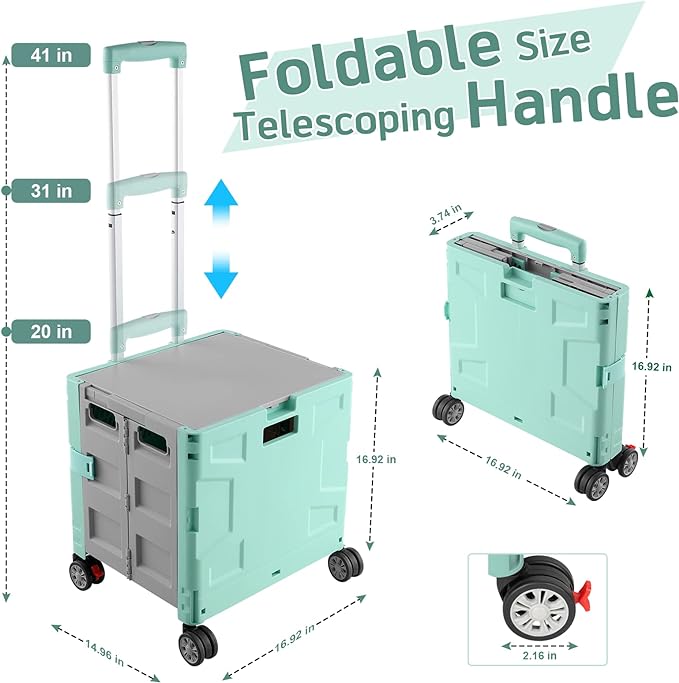 FELICON Folding Utility Cart Portable Rolling Crate Handcart with Durable Heavy Duty Plastic Telescoping Handle Collapsible Hidden Lid 4 Rotate Wheels for Travel Shop Move Office Teacher(Green&Gray)