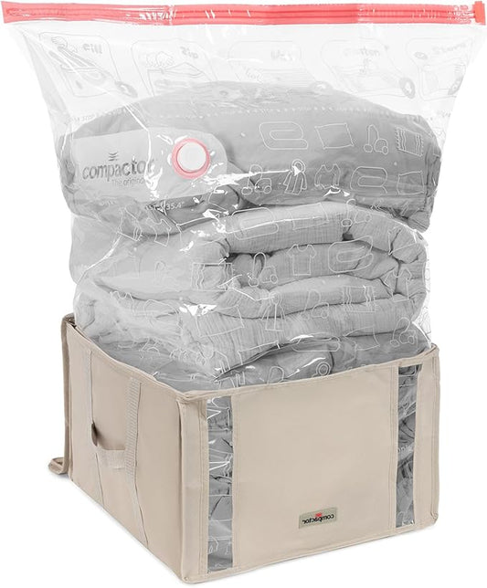 Compactor Vacuum Storage Bag with Semi-Rigid Structured Cube, Closet Organizer, Vacuum Seal Bags for Clothing and Bedding, Fits All Vacuum and Nozzle Types, 125L, Beige