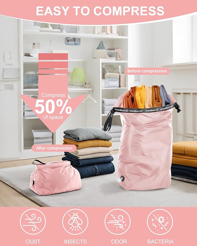 Travel Laundry Bag, Pump-free Vacuum Compression Dirty Clothes Bag, Large Reusable Waterproof & Washable Laundry Bag, Wet and Dry Bag, Ideal for Suitcases, Laundromats (1 Pack) Pink