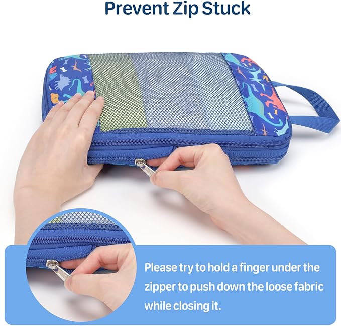 Kids Compression Packing Cubes, 4 Piece Set for Carry On Suitcase, Water Resistant Travel Luggage Organizers with Shoe Bag, Toddler Backpack Essentials (Blue Dinosaur)