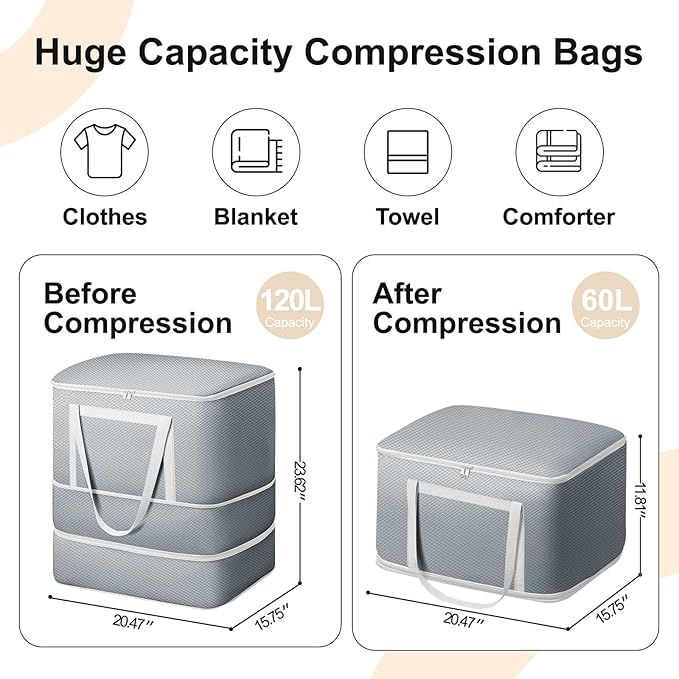Comforter Storage Bag - 120L Bedding Storage Bags for Moving Closet, Washable Blanket Storage Bag, Ultra Space Saving Self Compression Organizer, 4-Pack, Grey