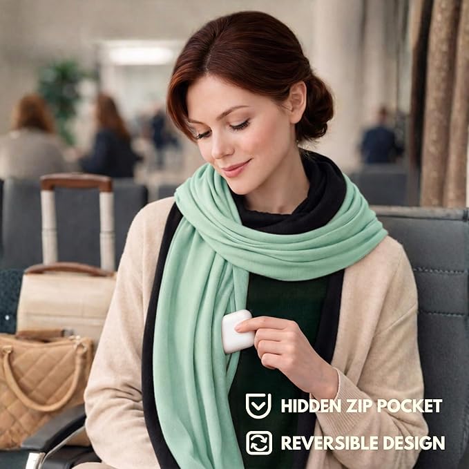 16-in-1 Compact Travel Blanket with Bag – Reversible, Ultra Soft Bamboo Airplane Blanket with Hidden Pocket – Packable for Flights & Travel Essentials (Semi-Weighted, Double Layer)