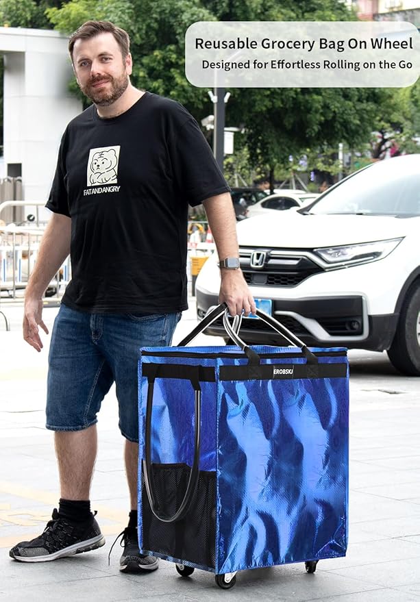 (Medium, Navy Blue) Reusable Grocery Bag on Wheels, 70L Foldable Rolling Tote, Carries Up to 66 lbs Shopping Trolley, Zipper Clouser Shopping Carts for Trips, Laundry, 4 Heavy Duty Wheels