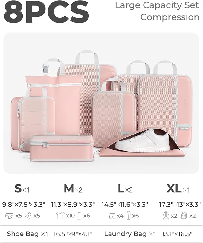 Percover Compression Packing Cubes for Travel, 8-Piece Structured Compression Organizer Set with Laundry Bag & Shoe Bag for Carry-On & Checked Luggage, Pink
