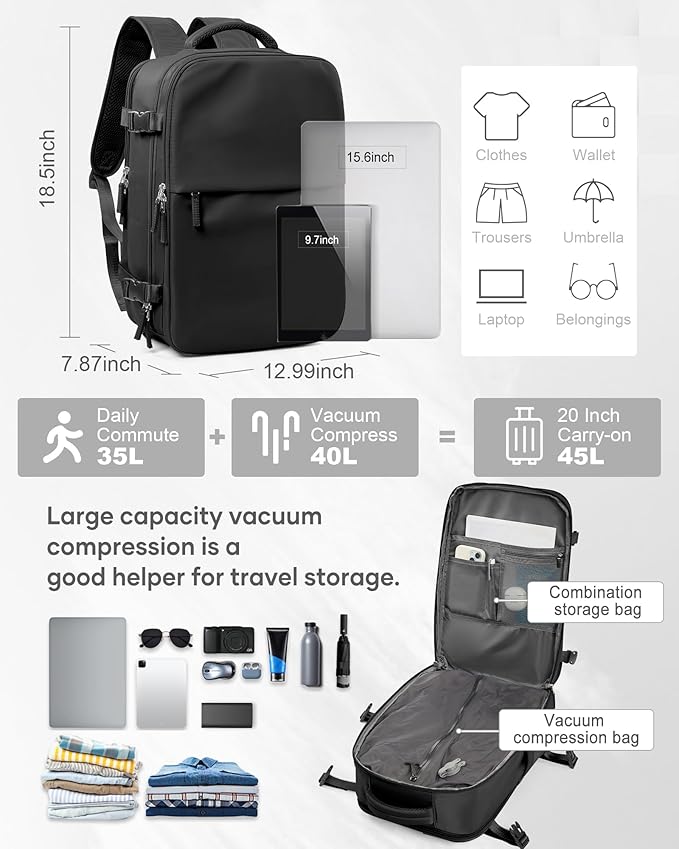 suwasp Vacuum Compression Backpack, 45L Expandable Travel Backpack with Electric Vacpack Pump, Travel Vacuum Bags with 17inch Laptop Compartment/Wet/Dry Compartment/Waterproof Pocket, Black