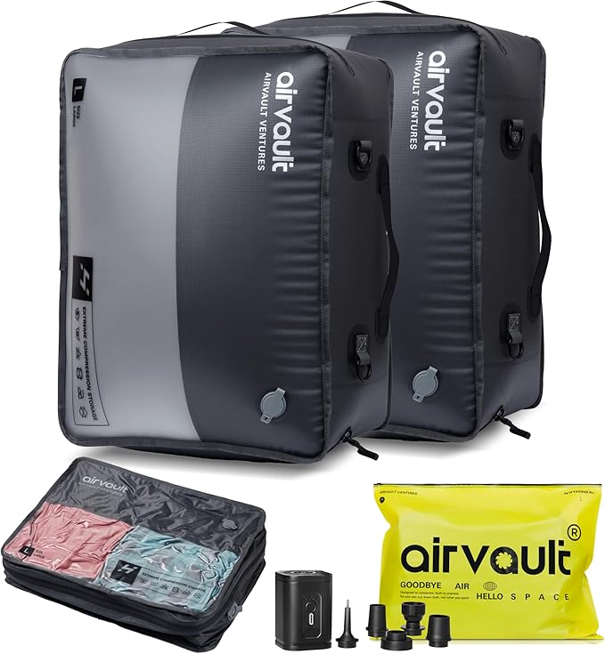 AirVault Reusable Vacuum Compression Travel Bag for Carry-On Suitcase and Backpack, Recycled IP67 Waterproof Space Saver Vacpack (41L Gray (2-Pack) (Air Pump Included)