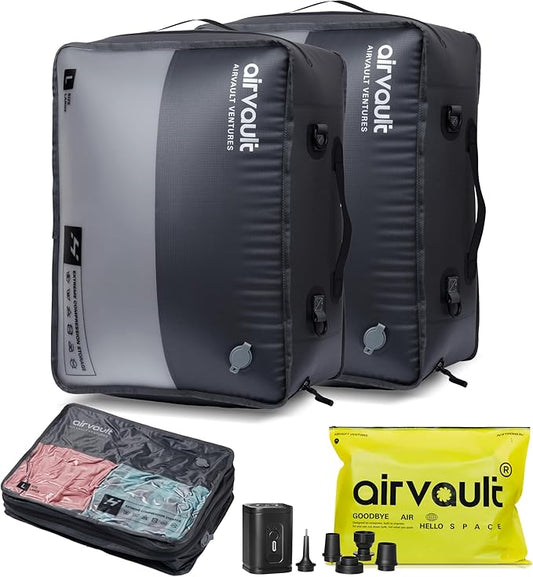 AirVault Reusable Vacuum Compression Travel Bag for Carry-On Suitcase and Backpack, Recycled IP67 Waterproof Space Saver Vacpack (41L Gray (2-Pack) (Air Pump Included)