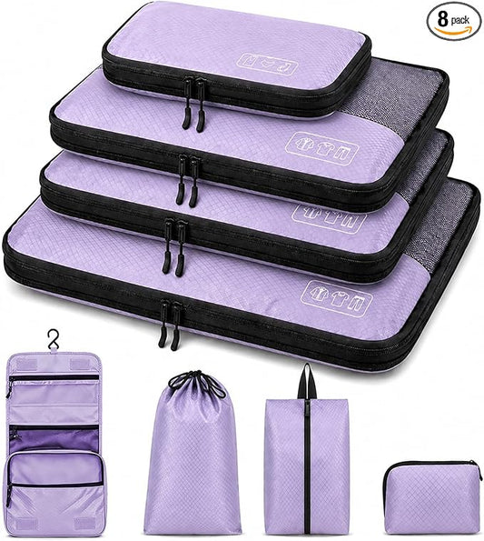 8-Piece Compression Packing Cubes for Travel, Elegant Ultralight Luggage Organizer Set for Women, Space Saving for Carry-On, Suitcase & Vacation Cruise Travel - Purple