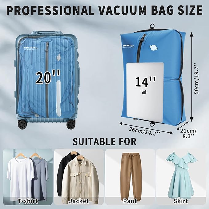 Reusable Vacuum Bags for Travel,Professional Waterproof IPX8 Vacuum Compression Bag for Suitcases Backpack,Space Saver Bags Packing Organizers for Clothing Packing(2 Pack,Lake Blue)