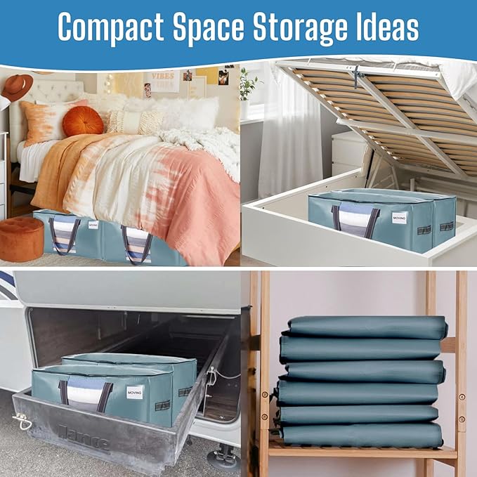 VENO 10 Pack Heavy Duty Moving Bags, Clothes and Comforter Storage Bags with Clear Window, College Dorm Essentials Packing Supplies, Foldable Boxes Alternative (Shiny Light Blue, 10 Pack)