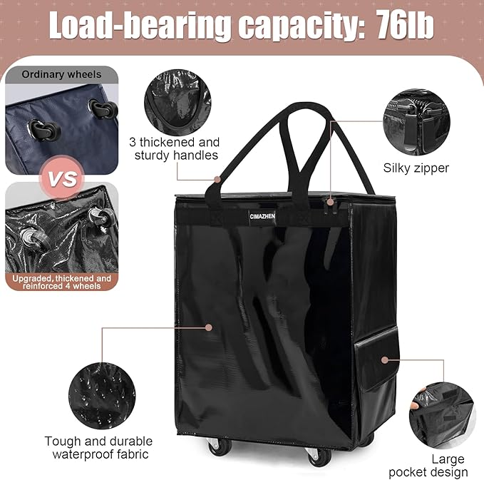 (Medium,Black) Reusable Grocery Bag on 4 Wheels, Foldable Rolling Tote Bag with 3 Handles and Zipper, Storage Organizer for Groceries, Rolling Shopping Cart for Travel, 76lb