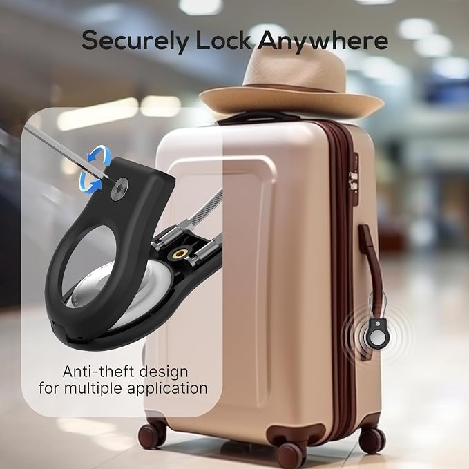 Air Tag Holder - (4 Pack) Air tag Lock Keychain with Wire Cable Compatible with Apple AirTag,Ultra Durable Anti-Lost Protective Case with Keyring for Luggage, Key, Backpack, Pet, Bag, Black - Image 3