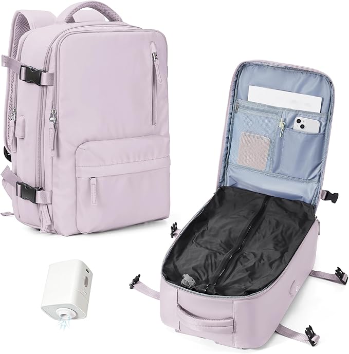 Vacuum Seal Backpack for Travel with Air Pump Compression Daypack Personal Item Carry on Flight Approved Vacpack Laptop Space Saver Bags Storage with Vacuum System Travel Bag Women Men LotusPink