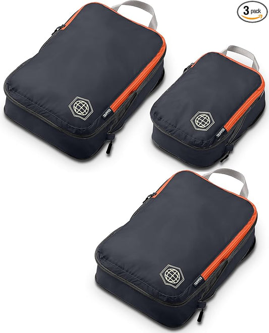 Compression Packing Cubes for Travel, 3-Piece Lightweight Packing Cubes Set for Carry-On Luggage & Backpacks – TRIPPED Travel Gear (Grey and Orange)