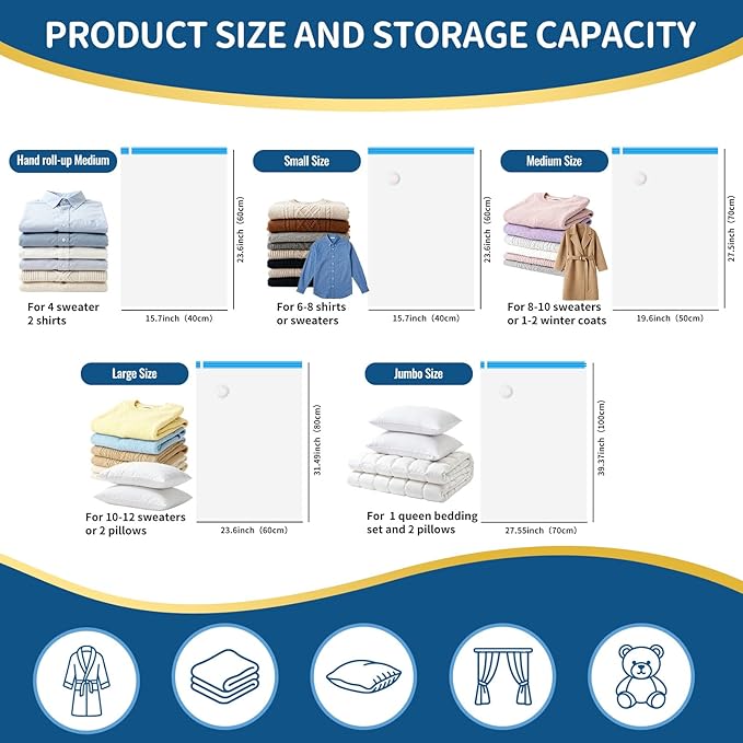 Vacuum Storage Bags with Electric Pump, 12 Pack Space Saver (2 Jumbo,2 Large,3 Medium,3 Small,2 Roll-Up) for Clothes, Bedding, Home & Travel, Heavy Duty PA+PE Vacuum Seal Bags