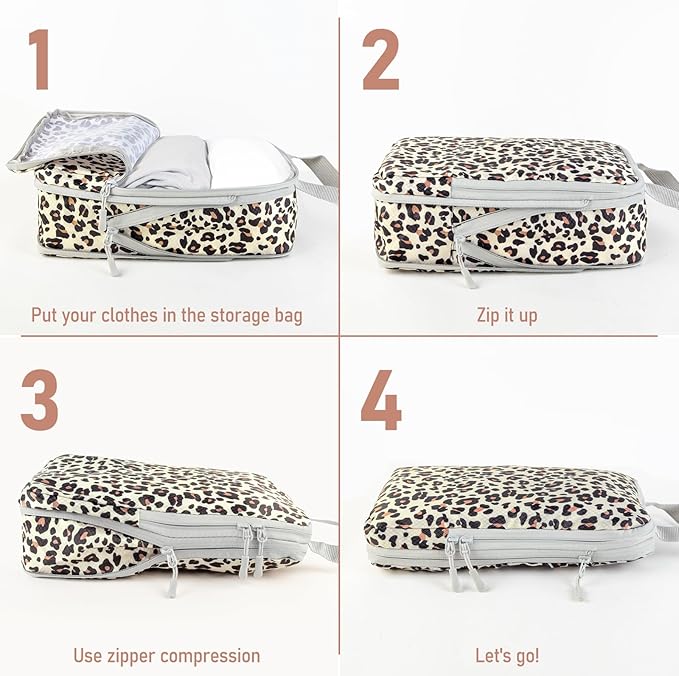 6 Set Compression Packing Cubes, Suitcase Organizer, Lightweight Travel Essentials, Compression Bags For Travel Accessories Luggage Storage Set (6Pcs, Brown Leopard)