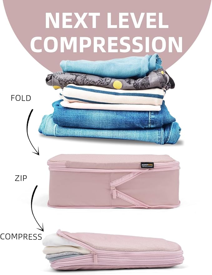 Compression Packing Cubes for Travel, 6-Piece Set (Large/Medium/Small), Double-Zip Luggage Organizers for Suitcase & Carry-On, Clothes Storage Bags (Dusty Pink, 6 Pack)