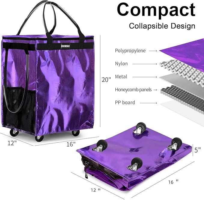 (Medium, Light Purple) Reusable Grocery Bag on Wheels, 70L Foldable Rolling Tote, Carries Up to 66 lbs Shopping Trolley, Zipper Clouser Shopping Carts for Trips, Laundry, 4 Heavy Duty Wheels