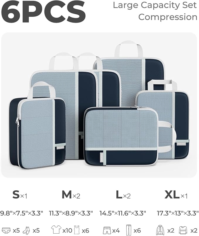 Percover Compression Packing Cubes for Travel, 6-Piece Structured Compression Organizer Set for Organized Packing & Carry-On Luggage, Navy Blue