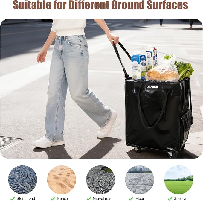 (Small,Black) Reusable Grocery Bag on 4 Wheels, Foldable Rolling Tote Bag with 3 Handles and Zipper, Storage Organizer for Groceries, Rolling Shopping Cart for Travel, 66lb