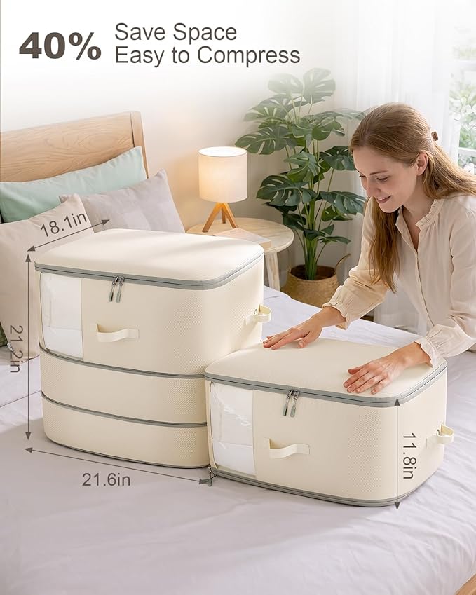 Comforter Storage Bag - 3-Layer 2-Pack Self Compression Organizer, Closet Organizers and Storage, Under Bed Space Saver, Blanket Organizer for Bedding, Pillow, Sheet, Clothes, Nursery Use