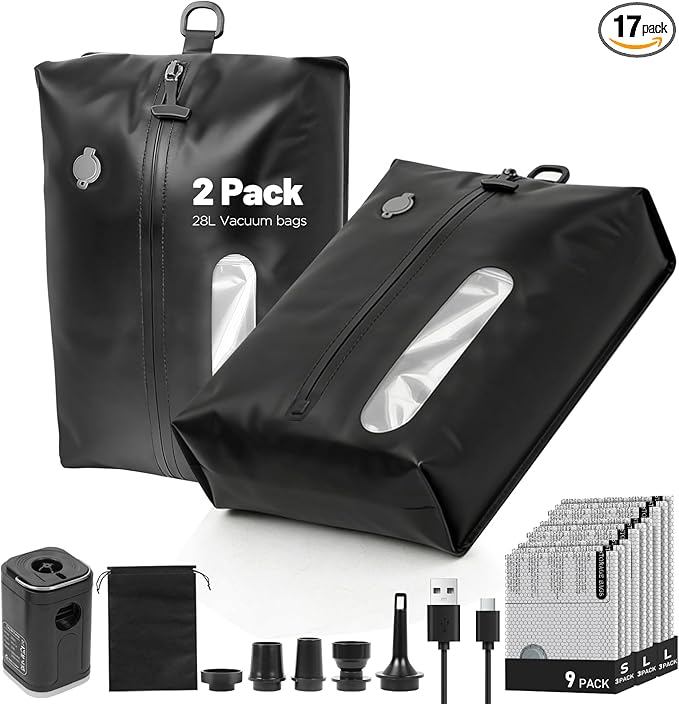 11-Pack Travel Vacuum Bags with Pump, 2×28L TPU Waterproof Vacuum Seal Bags + 9 PA&PE Compression Bags (S/M/L),Space Saver for Clothing, Luggage,Travel,Backpacks & Suitcases,Home Storage