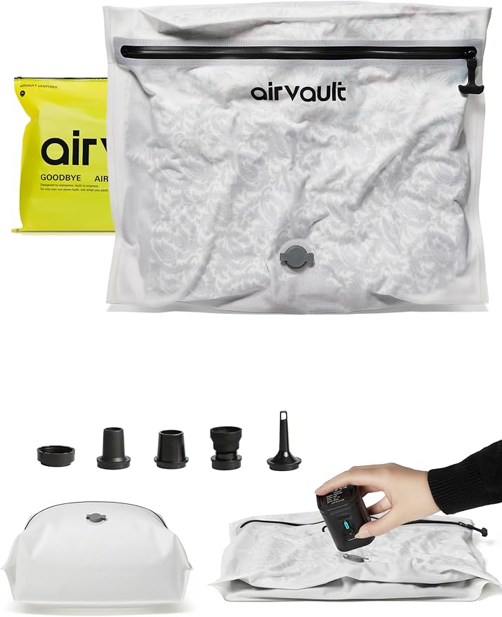 AirVault Premium Reusable Vacuum Seal Storage Bag for Carry On Suitcases & Backpack, Space Saver Airline Travel Vacpack, Pump Included (15L Flat, 1-Pack)