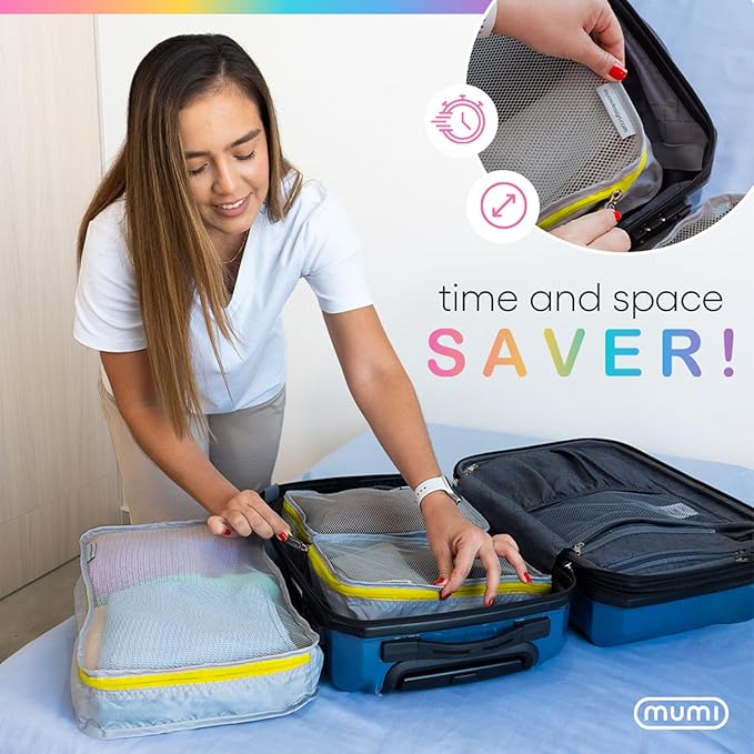 MUMI Packing Cubes - 5 Compression Packing Cubes for Travel, Luggage Organizer Bags for Suitcases, Carry-On, Duffle or Backpack – Mesh, Waterproof Bags for Clothes, Kids & Travel Accessories - Pink
