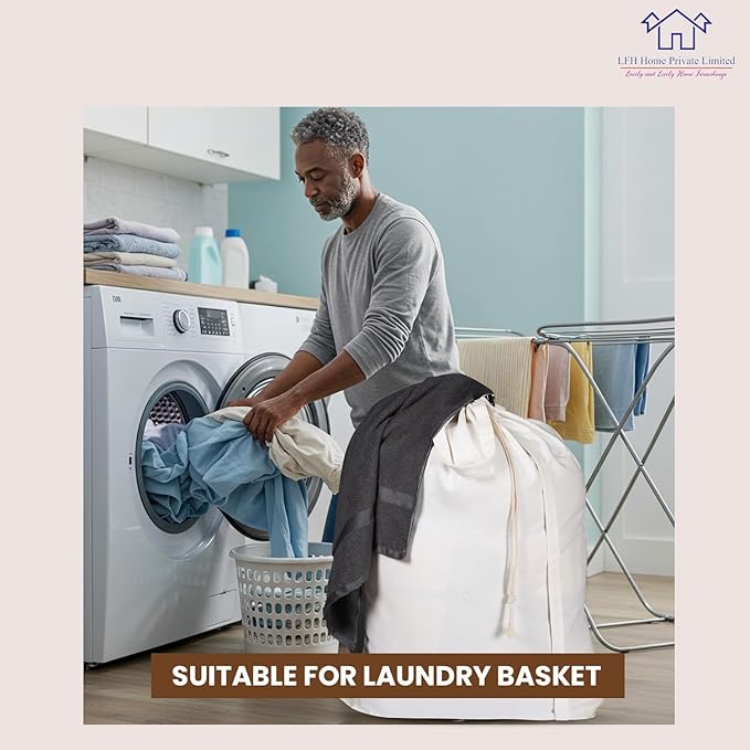 LFH Home Cotton Canvas Extra Large Laundry Bag with Handle, Stylish Drawstring Heavy Duty Laundry Bags For Travel, Home, Hotel, College Dorm and Camp Storage Bag 24x36 Inch, White