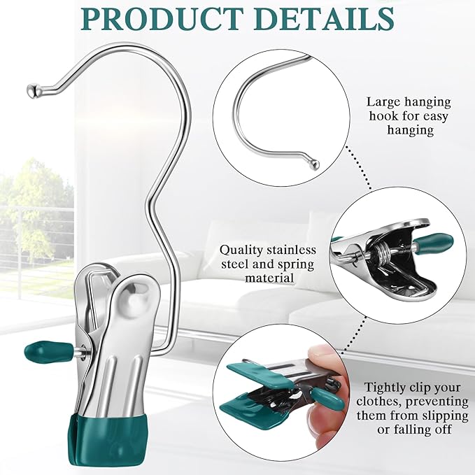 Yinder 150 Pcs Boot Hangers Clips Laundry Hooks Hanging Stainless Steel Clothes Pins Portable Clip Hangers for Closet Travel Socks Pants Handbags Hats Towels (Blackish Green)