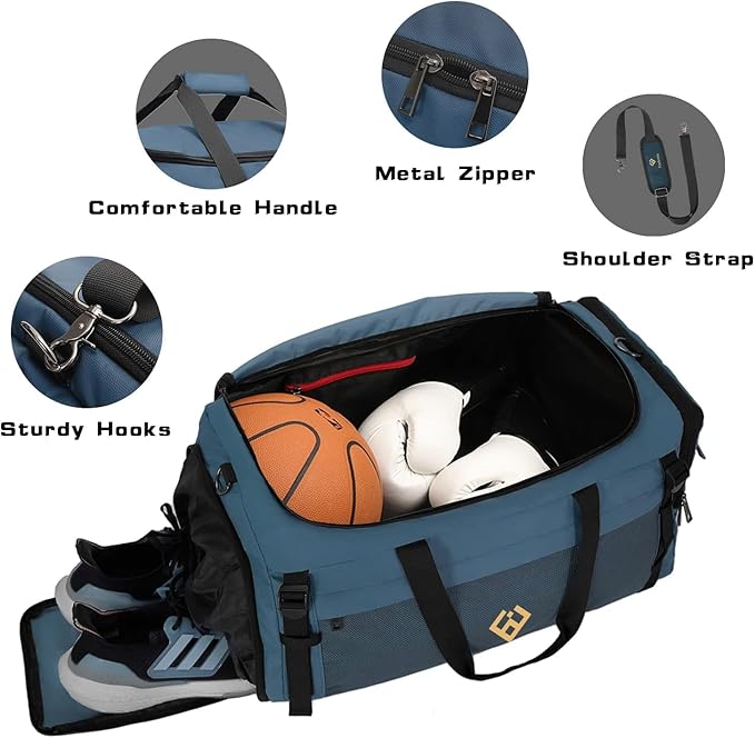 Extra Large Sports Gym Bag, Travel Duffel bag with Wet Pocket & Shoes Compartment for men women, 85L, Lightweight （Haze Blue）