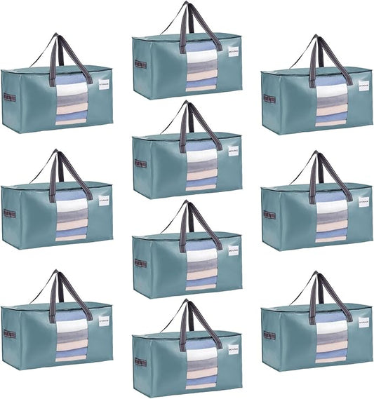 VENO 10 Pack Heavy Duty Moving Bags, Clothes and Comforter Storage Bags with Clear Window, College Dorm Essentials Packing Supplies, Foldable Boxes Alternative (Shiny Light Blue, 10 Pack)