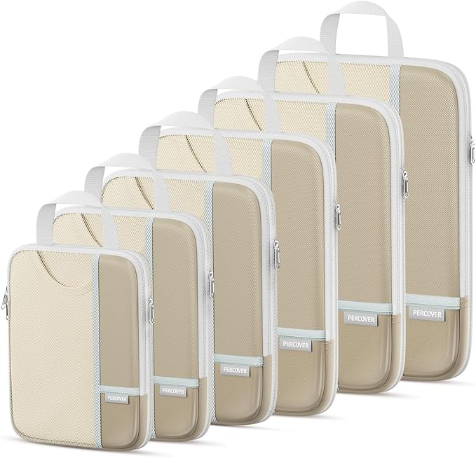 Percover Compression Packing Cubes for Travel, 6-Piece Structured Compression Organizer Set for Organized Packing & Carry-On Luggage, Camel