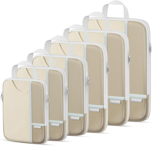 Percover Compression Packing Cubes for Travel, 6-Piece Structured Compression Organizer Set for Organized Packing & Carry-On Luggage, Camel