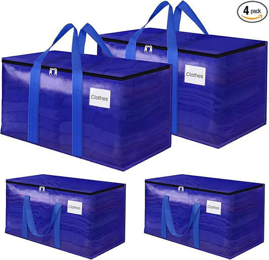 FabSpace Moving Storage Bags, Moving Supplies Packing Boxes for Moving, Camping, College Dorm Room Essentials for Girls, Blue Tote Bags, Heavy-Duty Storage Bins With Lids And Zippers, 93L 4 Pack