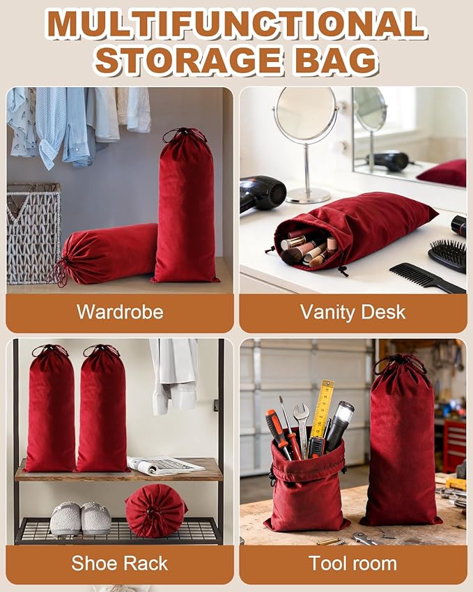 6 Pcs Single Shoe Bags for Travel, 17.3"x8.6" Washable Travel Shoe Bags for Packing in Suitcase, Velvet Dust Bag with Drawstring, Shoe Pouch for Women and Men, Travel and Home Storage (Rio Red)