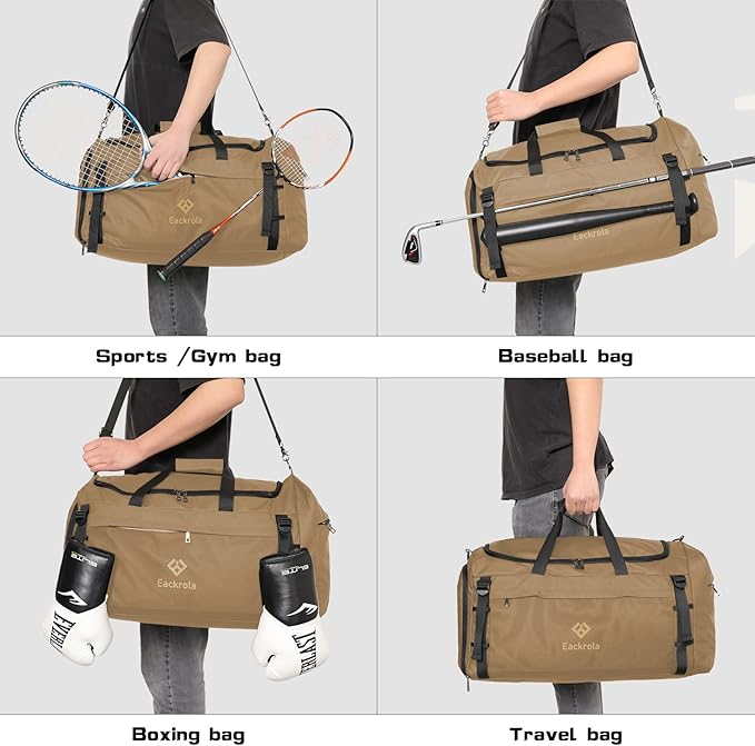 Large Sports Gym Bag, Travel Duffel bag with Wet Pocket & Shoes Compartment for men women, 65L, Lightweight