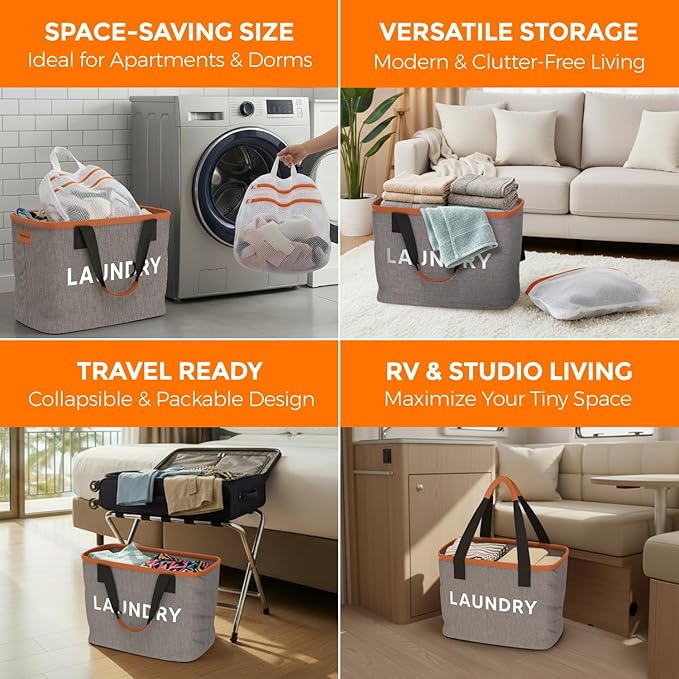 Small Laundry Basket Hamper & Mesh Bag – Collapsible Space-Saving with Handles – Portable Mini Clothes Bin for Kids, Nursery & Baby – Foldable for Dorm, RV, Travel & Apartment