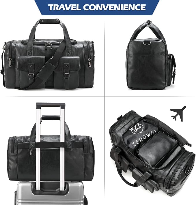 Zeroway PU Leather Travel Duffel Bag with Laundry Bag, Weekender Overnight bag Luggage Carry-On Bag with Shoe Pouch for Men or Women Black
