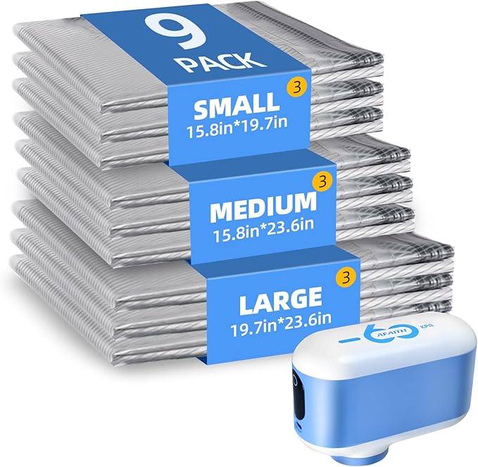 AFAITH Vacuum Storage Bags with -60000Pa USB Pump,9 Pack Vacuum Seal Bags for Clothing Travel in 3 Sizes,Compression Packing Cubes Organizer Storage for Packing,Luggage and Seasonal (9 Combo)