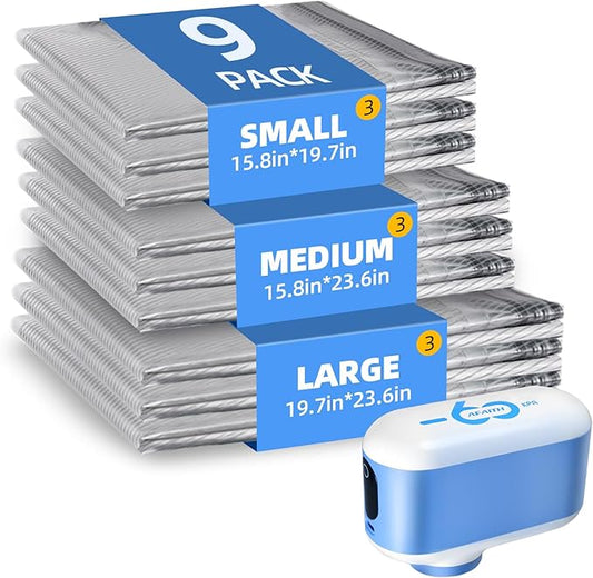AFAITH Vacuum Storage Bags with -60000Pa USB Pump,9 Pack Vacuum Seal Bags for Clothing Travel in 3 Sizes,Compression Packing Cubes Organizer Storage for Packing,Luggage and Seasonal (9 Combo)