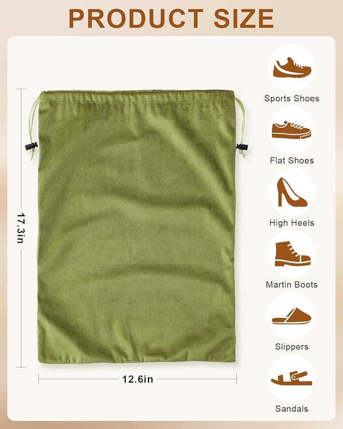 FantasyLife Shoe Bags for Travel, Washable Dust Bags for Storage & Packing, Flannel Shoe Pouch with Drawstring Closure for Purses, Handbags, Shoes & Toys (2, Sage Green, 17.3"x12.6")