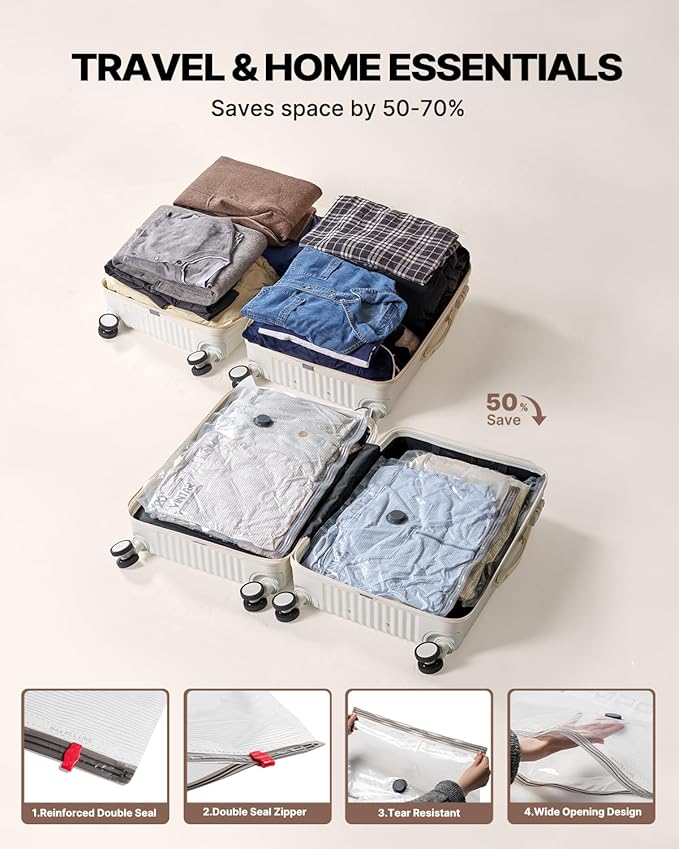 Vacuum Seal Bags for Clothing Travel with Rechargeable Cordless Pump, VINTAR 20 Pack Space Saver Vacuum Storage Bags(5J+5L+5M+5S), Compression Packing Bags for Luggage and Suitcase
