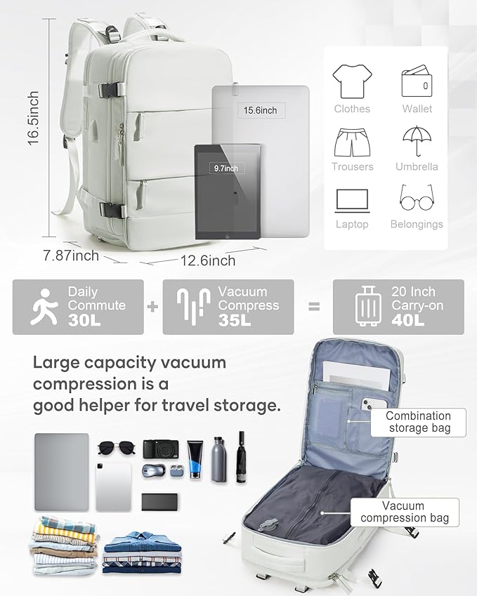 Vacuum Backpack Travel with Electric Vacpack Pump, Vacuum Compression Bags Travel Backpack for Women Men, Flight Approved Waterproof Carry on Backpacks Laptop Work Weekender Daypack, White, Medium