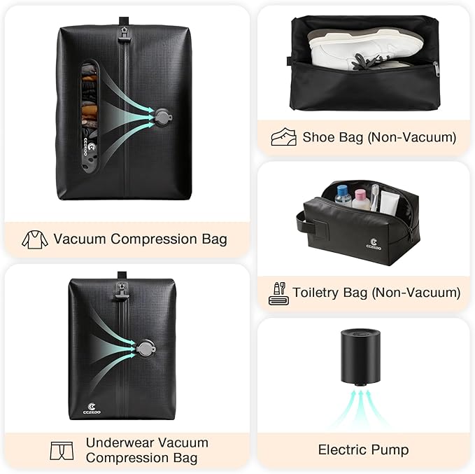 Compression Packing Cubes for Travel with Electric Pump, Vacuum Travel Organizer Set for Carry-On Luggage, Shoe Bag & Toiletry Bag, 5-Piece