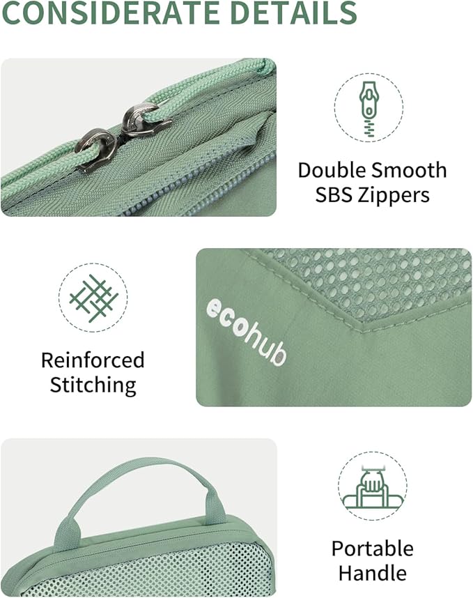 ECOHUB 4 Set Compression Packing Cubes for Travel Essentials, Suitcases Organizer Bags with Tag, Travel Bags Organizer for Luggage, Green-Compress