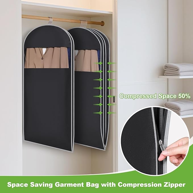 KEEGH Space Saving Hanging Garment Bag with Self Compression Zipper 50 Inch, Compression Garment Bags for Hanging Clothes with Clear Window, Suit Bags for Closet Storage (2 Pack)