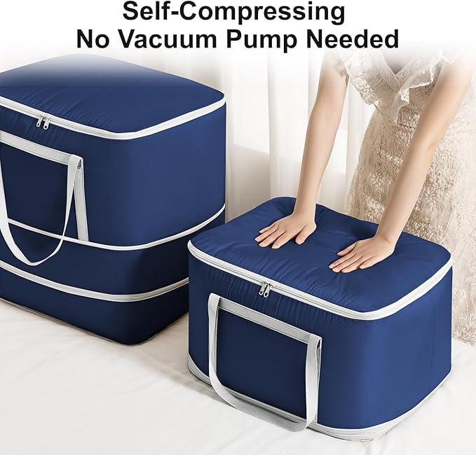 Comforter Storage Bag - 120L Bedding Storage Bags for Moving Closet, Washable Blanket Storage Bag, Ultra Space Saving Self Compression Organizer, 4-Pack, Navy Blue